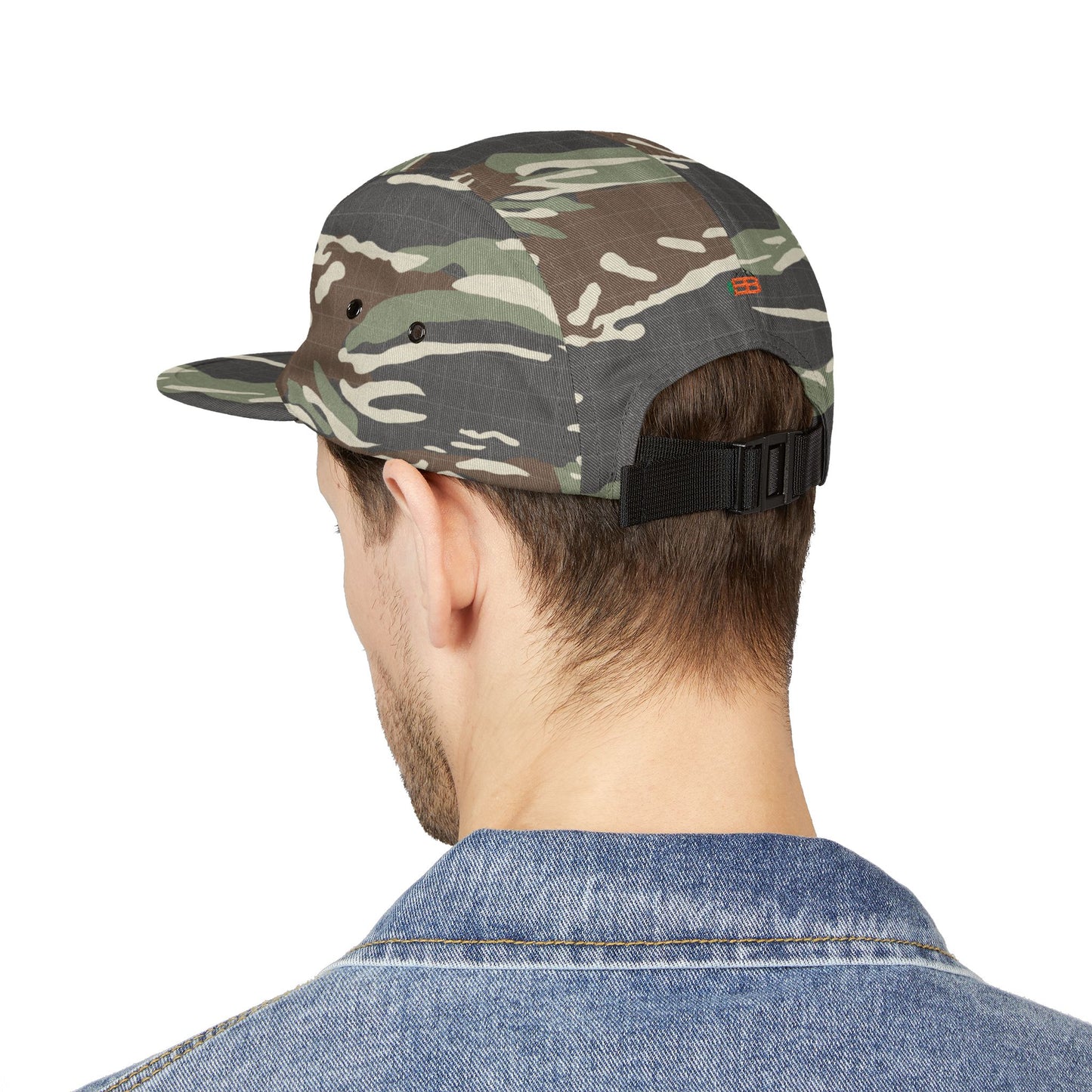 Camo 5-Panel Cap — "Backwoods Built" Embroidered Patch
