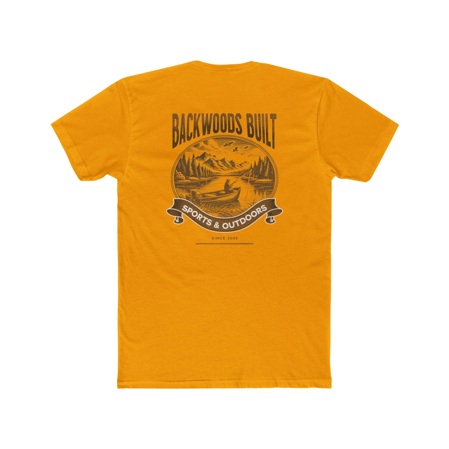 Backwoods Built Outdoors T-Shirt — Canoe, Mountains & Lake Graphic Crew Tee