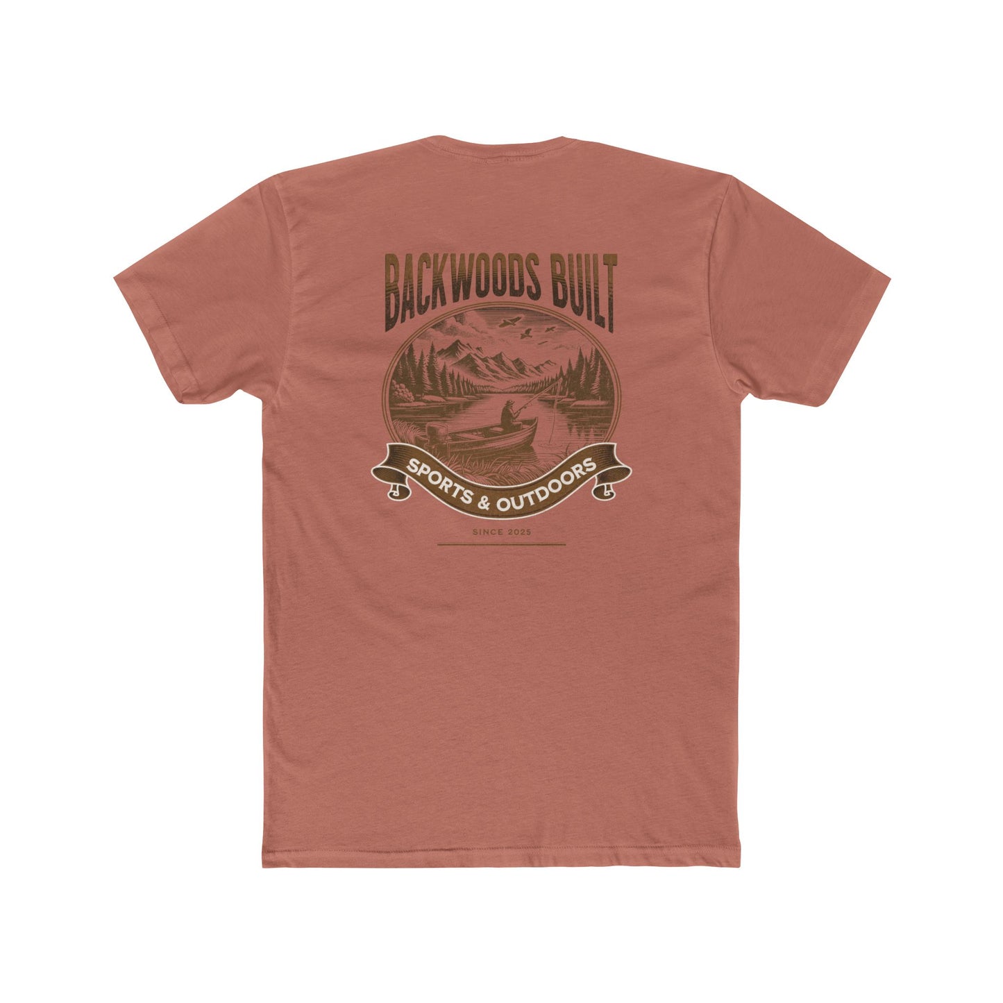 Backwoods Built Outdoors T-Shirt — Canoe, Mountains & Lake Graphic Crew Tee