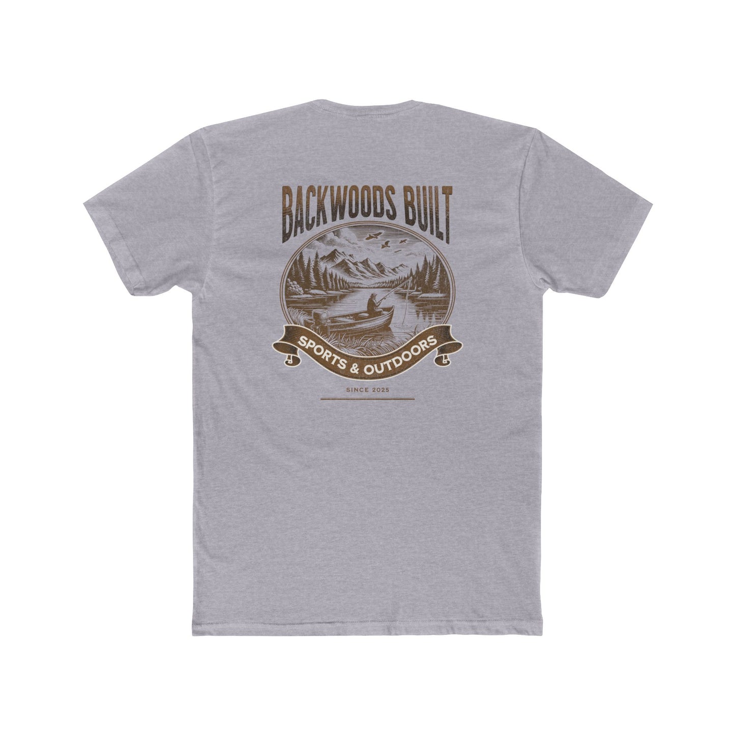 Backwoods Built Outdoors T-Shirt — Canoe, Mountains & Lake Graphic Crew Tee