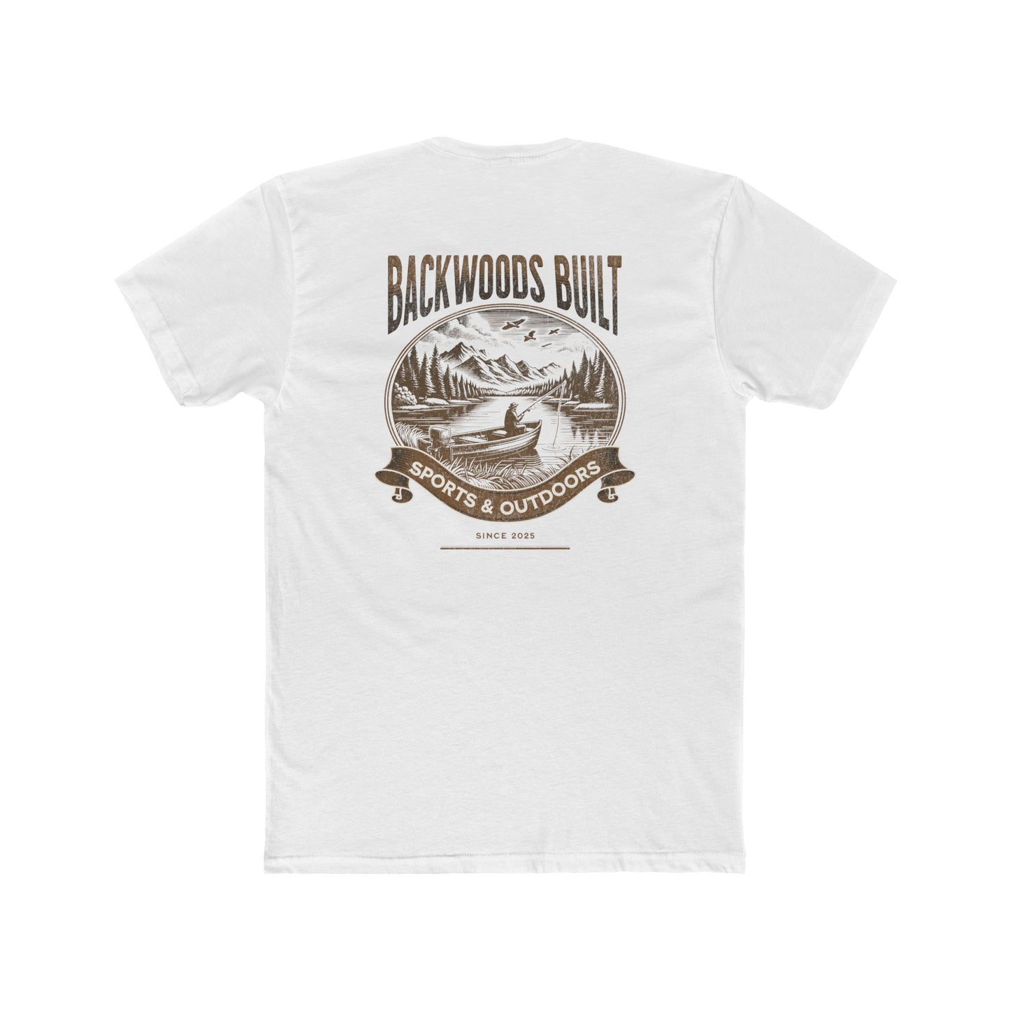 Backwoods Built Outdoors T-Shirt — Canoe, Mountains & Lake Graphic Crew Tee
