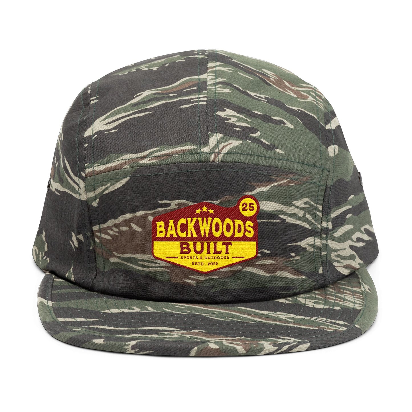 Camo 5-Panel Cap — "Backwoods Built" Embroidered Patch