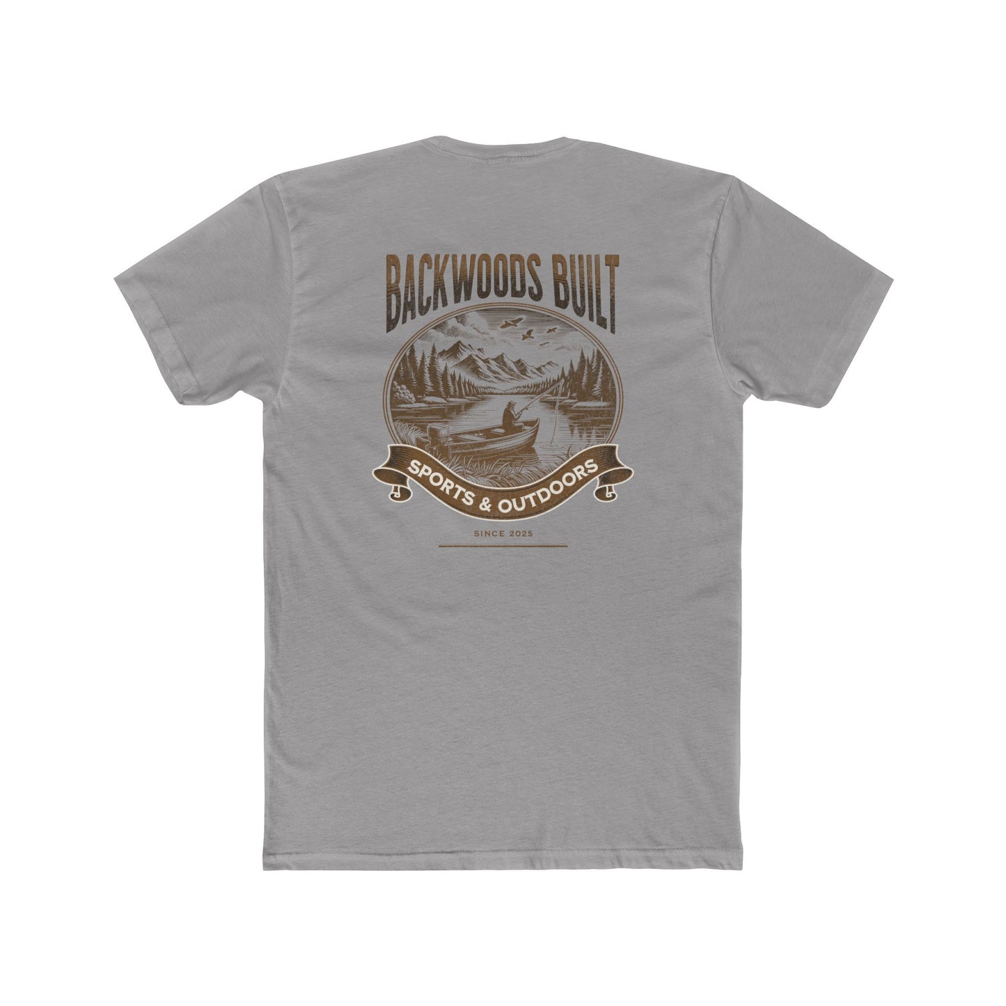 Backwoods Built Outdoors T-Shirt — Canoe, Mountains & Lake Graphic Crew Tee