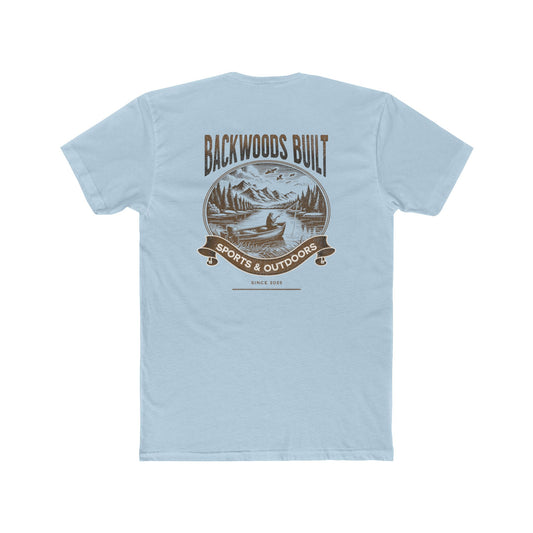 Backwoods Built Outdoors T-Shirt — Canoe, Mountains & Lake Graphic Crew Tee