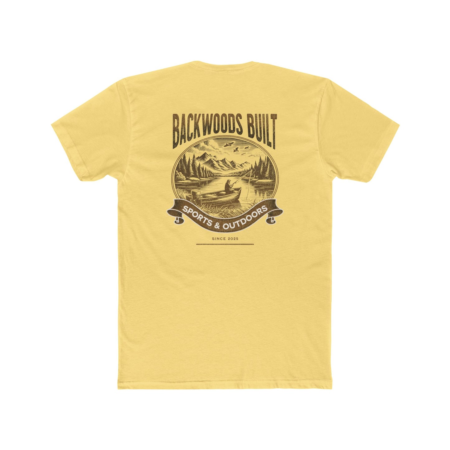 Backwoods Built Outdoors T-Shirt — Canoe, Mountains & Lake Graphic Crew Tee
