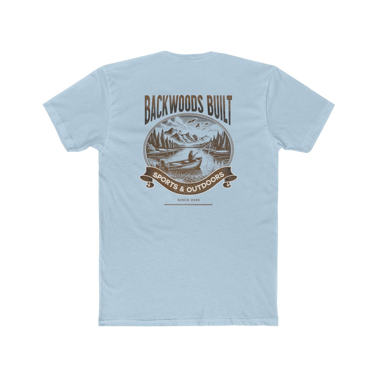 Backwoods Built Outdoors T-Shirt — Canoe, Mountains & Lake Graphic Crew Tee