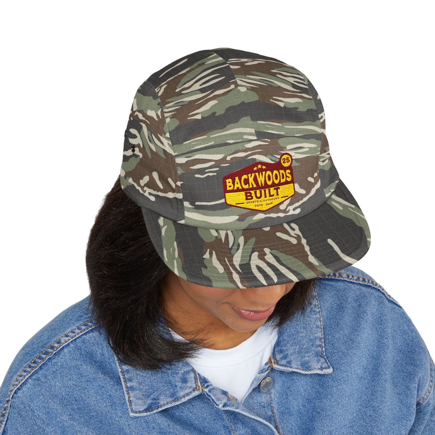 Camo 5-Panel Cap — "Backwoods Built" Embroidered Patch