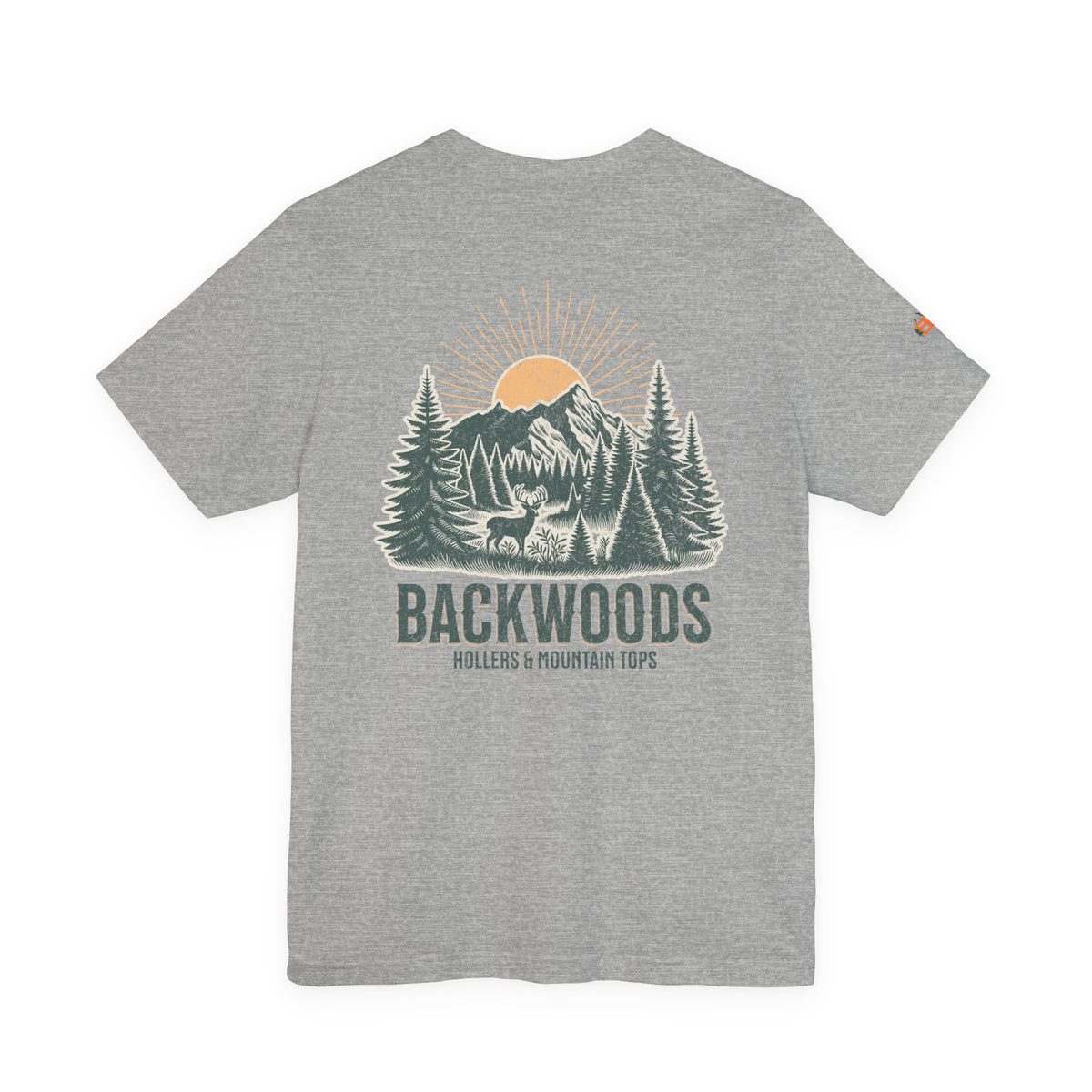Backwoods Mountain Tee — Retro Sunrise Forest Adventure T-Shirt