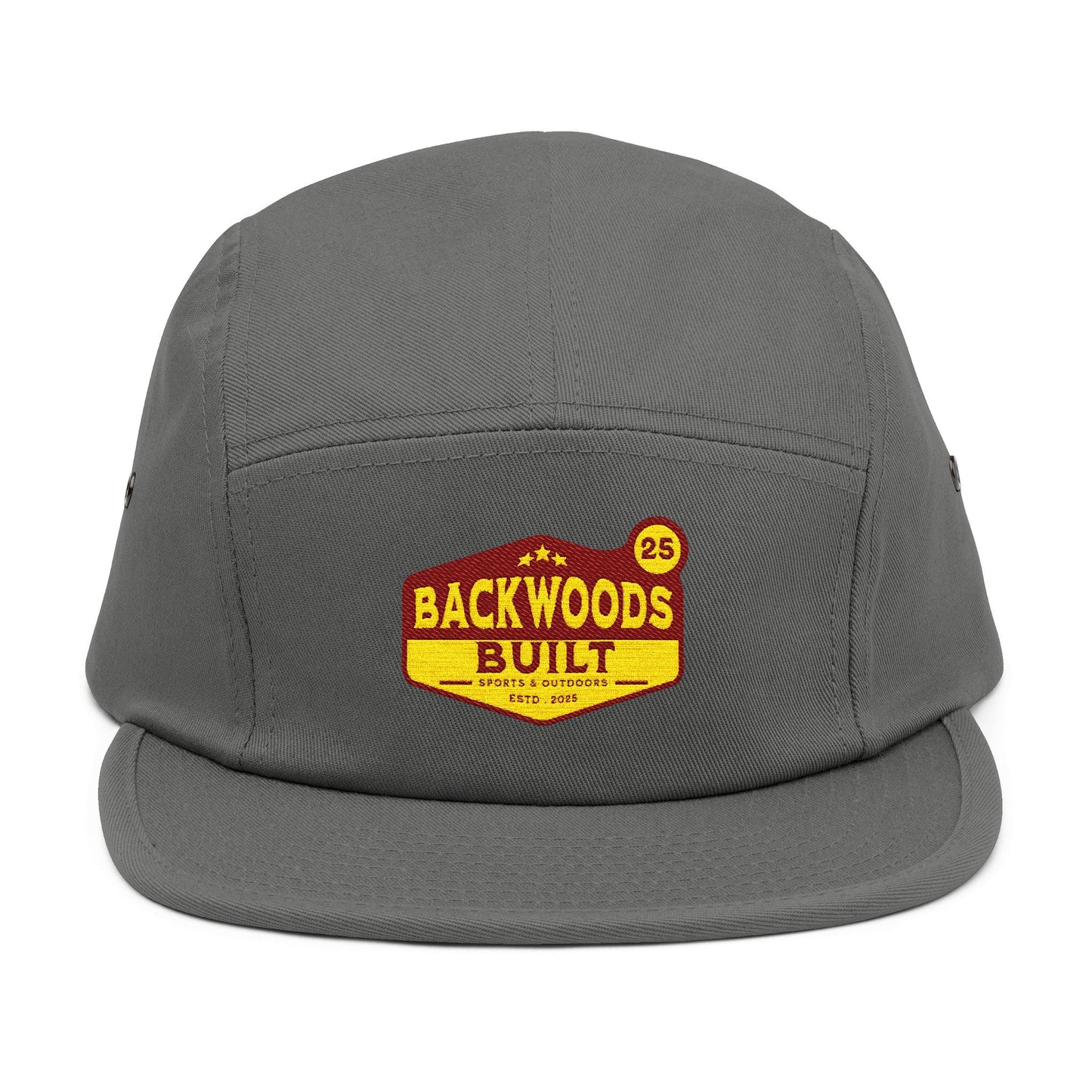 Camo 5-Panel Cap — "Backwoods Built" Embroidered Patch
