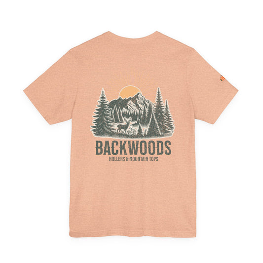 Backwoods Mountain Tee — Retro Sunrise Forest Adventure T-Shirt