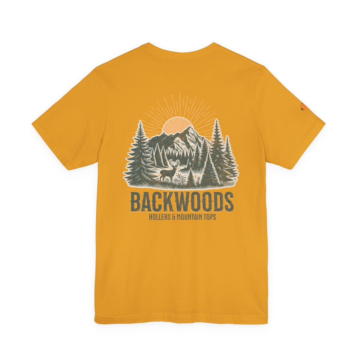 Backwoods Mountain Tee — Retro Sunrise Forest Adventure T-Shirt
