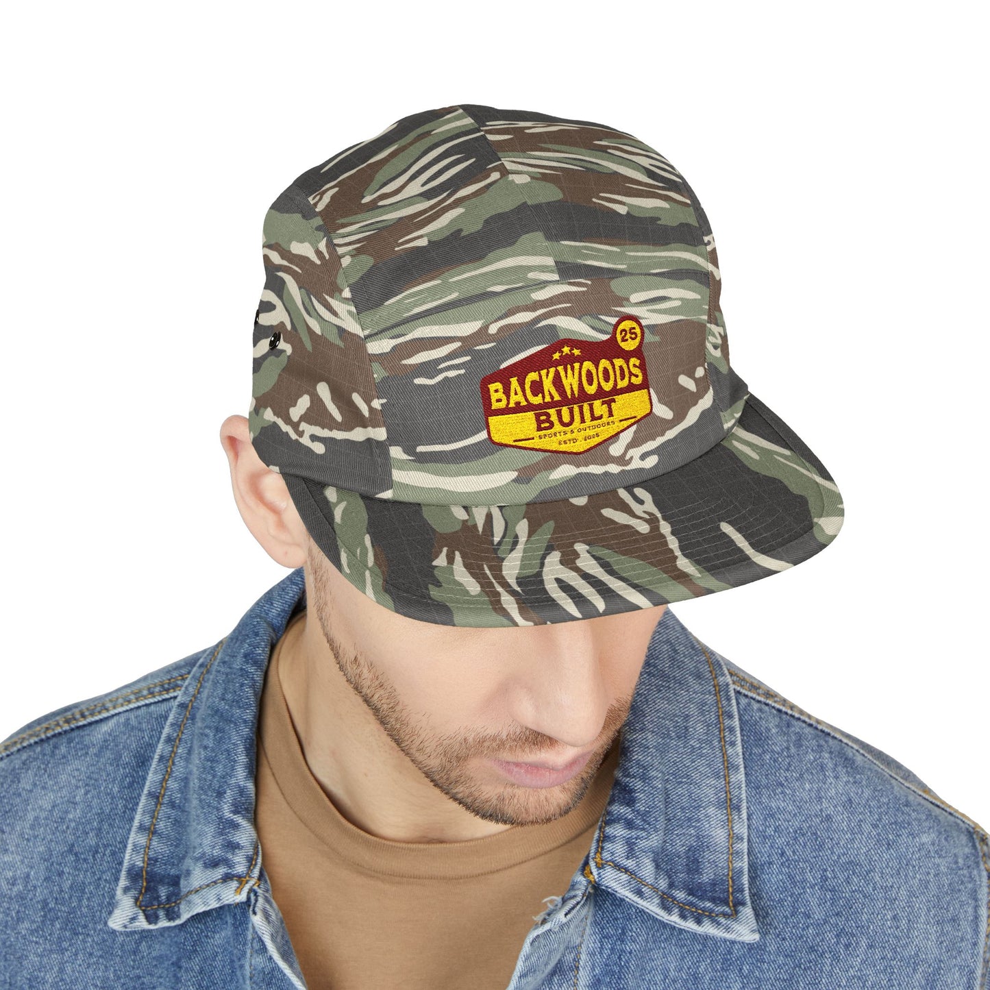 Camo 5-Panel Cap — "Backwoods Built" Embroidered Patch