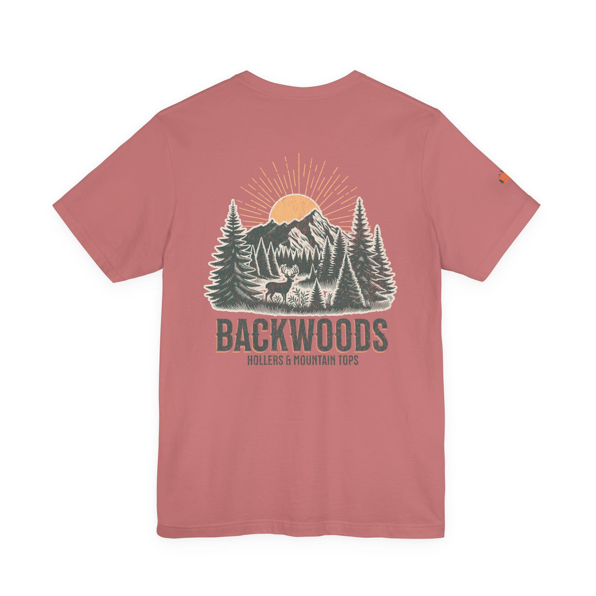 Backwoods Mountain Tee — Retro Sunrise Forest Adventure T-Shirt