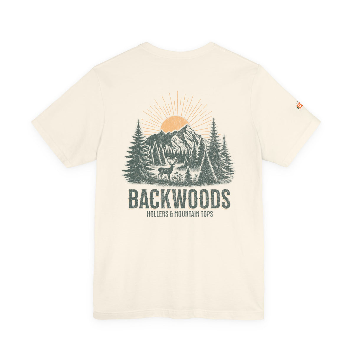 Backwoods Mountain Tee — Retro Sunrise Forest Adventure T-Shirt