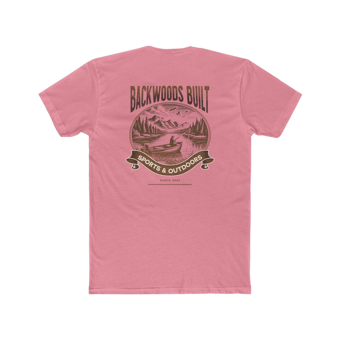Backwoods Built Outdoors T-Shirt — Canoe, Mountains & Lake Graphic Crew Tee