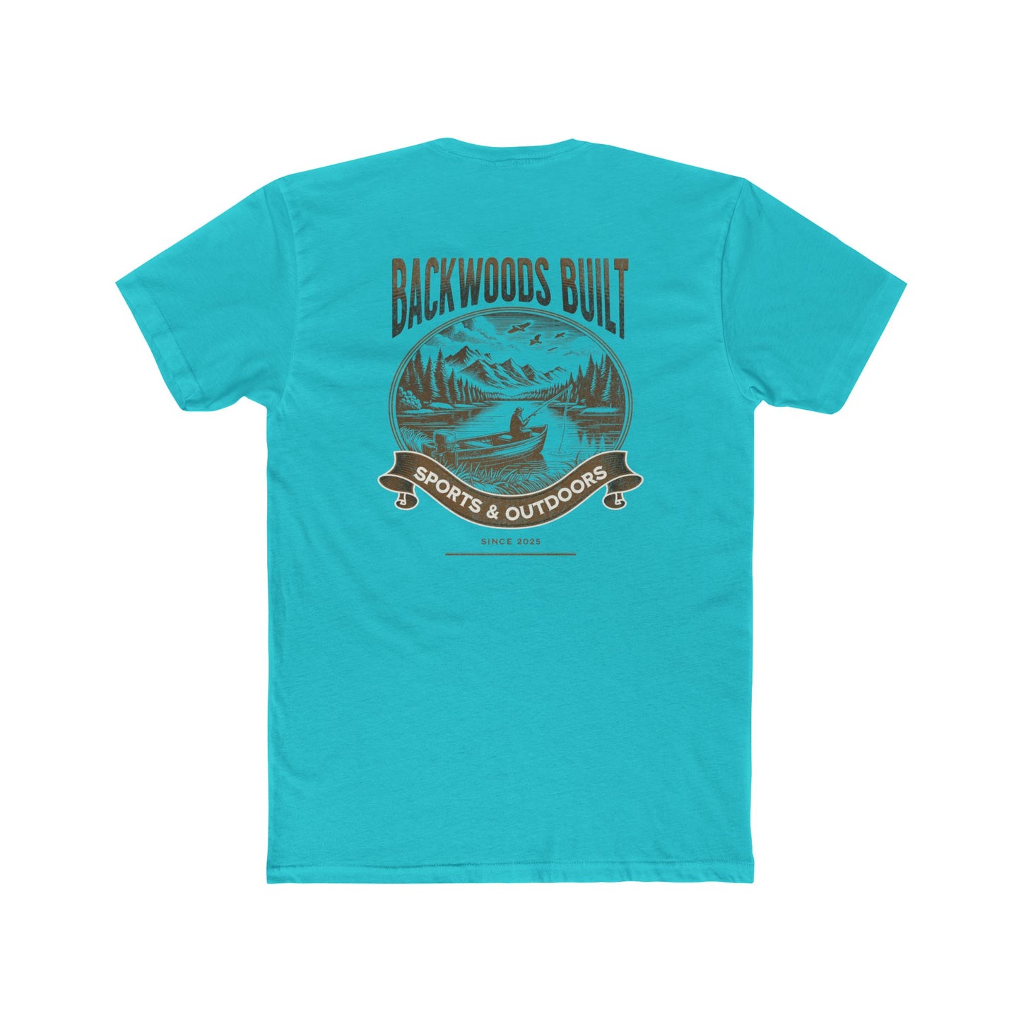 Backwoods Built Outdoors T-Shirt — Canoe, Mountains & Lake Graphic Crew Tee