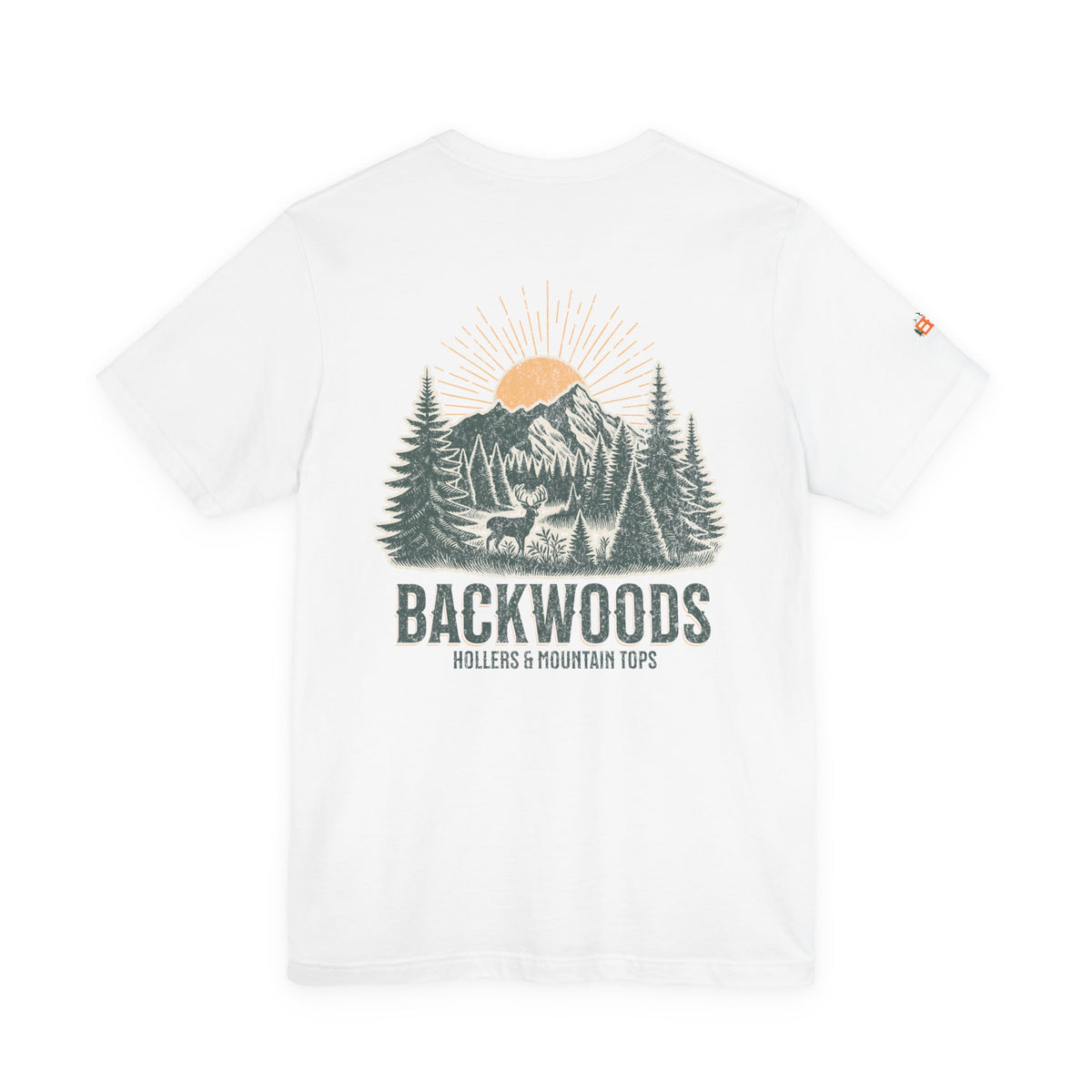 Backwoods Mountain Tee — Retro Sunrise Forest Adventure T-Shirt